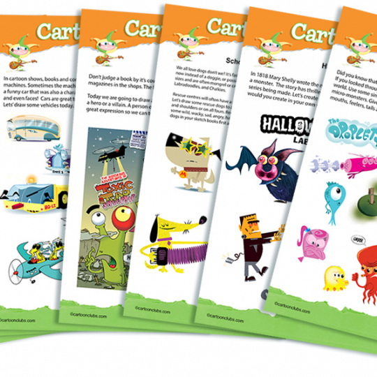 Seven theme/idea sheets for your cartoon club or lesson. When you buy, a link to download all as a single PDF will automatically be emailed to you. Click to enlarge.